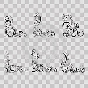 Set floral corner design. Swirl ornament on transparent background - vector illustration. Decorative border with curve