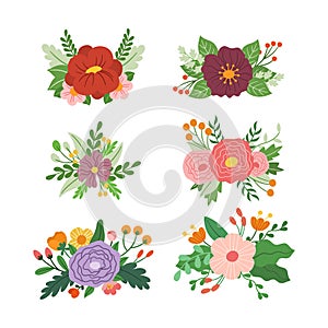 Set Of Floral Design Elements, Flower Arrangements, Branches, Green Leaves Or Twigs For Wedding Invitation, Greeting