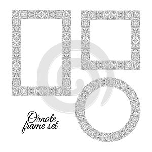 Set of floral doodle frames on white background. Hand draw ornate collection. Vector