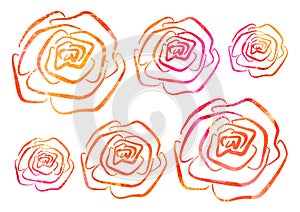 Set Floral element in the style of line art on a white background. Pink, orange and red rose bud