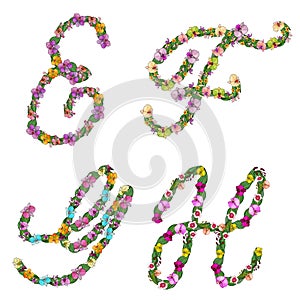 Set of floral elements alphabet letters E, F, G, H, made with leaves and orchids flowers