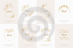 Set of floral gold frame logo line art. Flower wreath, border with branch and leaves