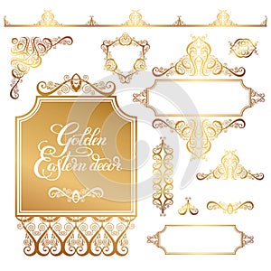 set of floral golden eastern decor frame elements, paisley pattern collection