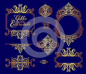set of floral golden eastern decor frame elements, paisley pattern collection