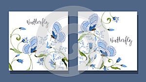 Set of floral greeting card with forest plants, hand drawn blue bell flower and butterfly on white background