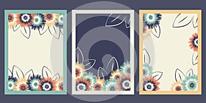 Set of floral greeting cards with copy space for text. Flower backgrounds with plants, wildflowers, leaf silhouettes. Vector