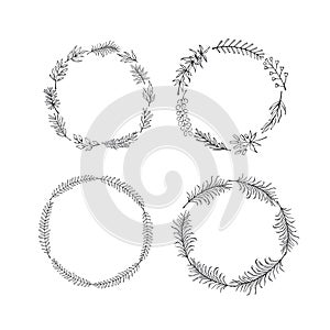 Set of floral hand drawn outlined twigs branches wreaths