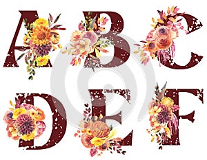 Set of floral letters A-F with autumn flowers dahlia, asters, roses, amaranth