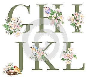 Set of floral letters G-L with apple tree flowers and spring birds