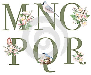 Set of floral letters M-R with apple tree flowers and spring birds