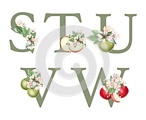 Set of floral letters S-W with apple tree flowers, leaves and apples