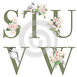 Set of floral letters S-W with apple tree flowers and spring birds