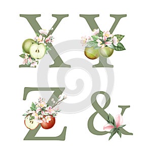 Set of floral letters X-Z, & with apple tree flowers, leaves and apples