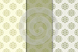 Set of floral ornaments. Olive green vertical seamless patterns