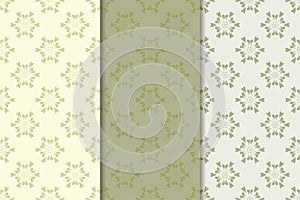 Set of floral ornaments. Olive green vertical seamless patterns