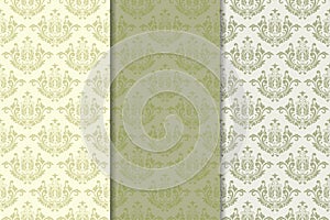 Set of floral ornaments. Olive green vertical seamless patterns
