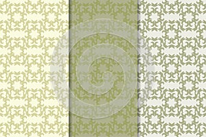 Set of floral ornaments. Olive green vertical seamless patterns