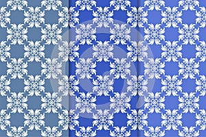 Set of floral ornaments. Vertical blue seamless patterns