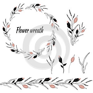 Set of floral patterns and vector wreaths