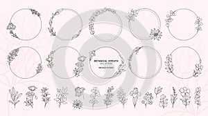 Set of floral round frames labels and banners with branch.