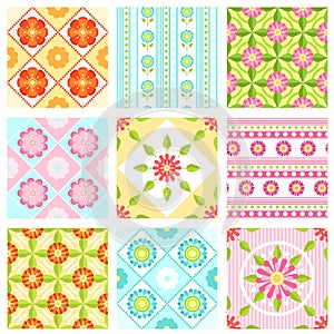 Set of floral seamless pattern with different flowers and leaves. Vector backgrounds in flat style