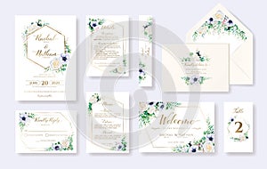 Set of floral wedding invitation card, invite, RSVP, Details