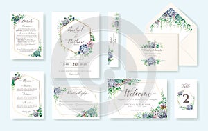 Set of floral wedding invitation card, invite, RSVP, Details, Thank you, Table number, Menu, envelope address template. Succulent