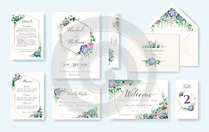 Set of floral wedding invitation card, invite, RSVP, Details, Thank you, Table number, Menu, envelope address template. Succulent photo