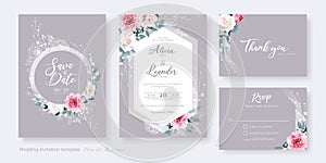 Set of floral wedding Invitation card, save the date, thank you, rsvp template.