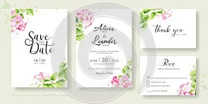 Set of floral wedding Invitation card, save the date, thank you, rsvp template. Hydrangea, pink flower and greenery. watercolour
