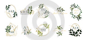 Set of floral wedding logos and monogram with elegant green leaves