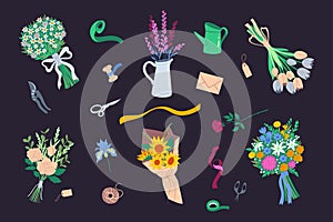 A set of florista tools, scissors, tapes, bouquets, flowers. Vector graphics photo