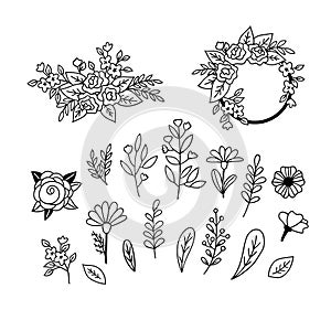 Set of floristic doodles. Hand-drawn flowers, leaves and twigs.