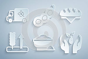 Set Flour bowl, Bread loaf, Wheat, Plant in hand, Green peas and truck icon. Vector