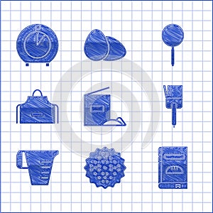 Set Flour pack, Cracker biscuit, Cookbook, Kitchen brush, Measuring cup, apron, Frying pan and timer icon. Vector