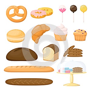 Set of flour product. Backery. Bread, baguette, cake, muffin, cakepops and bun. Cartoon vector