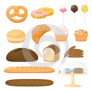 Set of flour product. Backery. Bread, baguette, cake, muffin, cakepops and bun. Cartoon vector photo