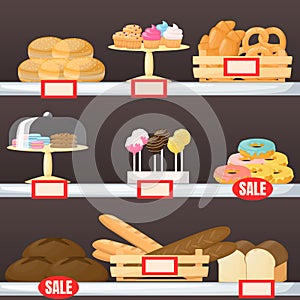 Set of flour product on supermarket shelves. Backery. Bread, baguette, cake, muffin, cakepops and bun. Cartoon vector