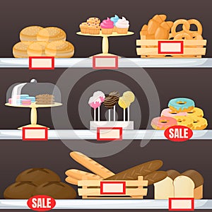 Set of flour product on supermarket shelves. Backery. Bread, baguette, cake, muffin, cakepops and bun. Cartoon vector photo
