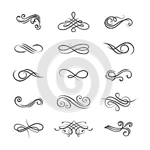 Set flourishes. Calligraphic and page decoration design elements. Swirl, scroll and divider.