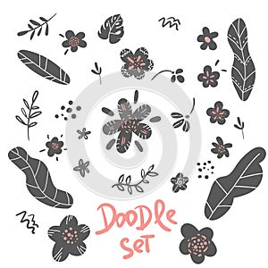Set of flower doodle sketch Floral graphic design. Vector set of floral elements with hand drawing flowers leaves