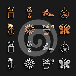 Set Flower, Plant in hanging pot, Butterfly, Spraying plant, Water spray bottle, Broken, and glass icon. Vector