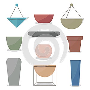 A set of flower pots of different shapes and colors for decorating the interior of a room or garden