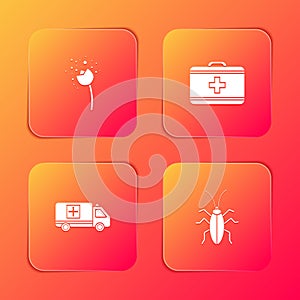 Set Flower producing pollen, First aid kit, Emergency car and Cockroach icon. Vector