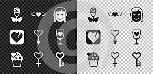 Set Flower rose, Heart with wings, Romantic girl, Wedding cake, Female gender symbol, Key heart shape, Broken or divorce