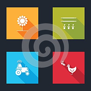 Set Flower, Smart farm with bulb and plant, Wireless tractor on smart and Chicken camera icon. Vector