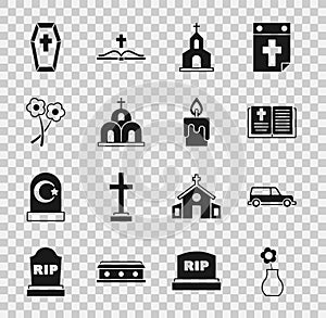 Set Flower in vase, Hearse car, Holy bible book, Church building, Coffin with cross and Burning candle icon. Vector