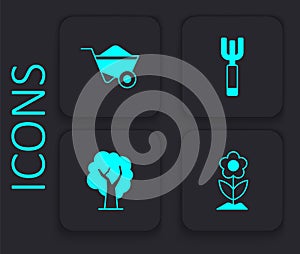 Set Flower, Wheelbarrow, Garden pitchfork and Tree icon. Black square button. Vector