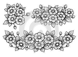 Set flowers daisy bunch vintage Victorian frame border floral ornament engraved retro tattoo black and white calligraphic vector