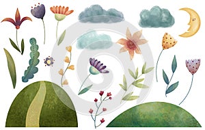 Set of flowers, leaves, clouds, moon, grasses and hiils.